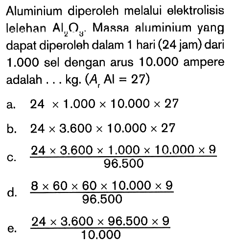 Aluminium diperoleh melalui elektrolisis lelehan Al2O3. Massa aluminium yang dapat diperoleh dalam 1 hari (24 jam) dari 1.000 sel dengan arus 10.000 ampere adalah.... kg. (Ar Al=27) 