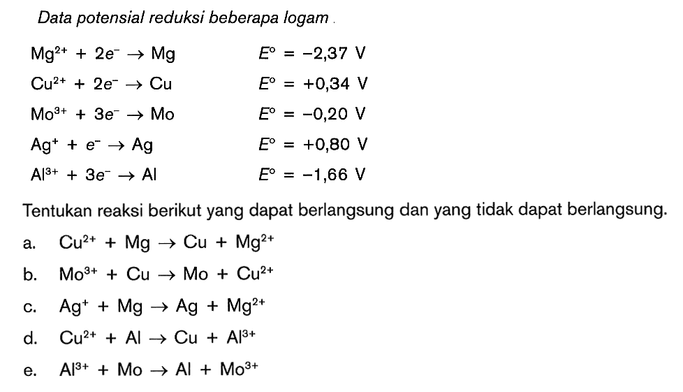 Data potensial reduksi beberapa logam. Mg^(2+) + 2e^- -> Mg E = -2,37 V Cu^(2+) + 2e^- -> Cu E = +0,34 V Mo^(3+) + 3e^- -> Mo E = -0,20 V Ag^+ + e^- -> Ag E = +0,80 V Al^(3+) + 3e^- -> Al E = -1,66 V Tentukan reaksi berikut yang dapat berlangsung dan yang tidak dapat berlangsung. a. Cu^(2+) + Mg -> Cu + Mg^(2+) b. Mo^(3+) + Cu -> Mo + Cu^(2+) c. Ag^+ + Mg -> Ag + Mg^(2+) d. Cu^(2+) + Al -> Cu + Al^(3+) e. Al^(3+) + Mo -> Al + Mo^(3+)