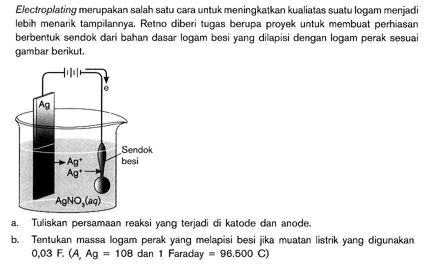 Electroplating merupakan salah satu cara untuk meningkatkan kualiatas suatu logam menjadi Iebih menarik tampilannya. Retno diberi tugas berupa proyek untuk membuat perhiasan berbentuk sendok dari bahan dasar logam besi yang dilapisi dengan logam perak sesuai gambar berikut. Ag Ag^+ Ag^+ AgNO3(aq) Sendok besi a. Tuliskan persamaan reaksi yang terjadi di katode dan anode. b. Tentukan massa logam perak yang melapisi besi jika muatan listrik yang digunakan 0,03 F (Ar Ag = 108 dan 1 Faraday = 96.500 C)