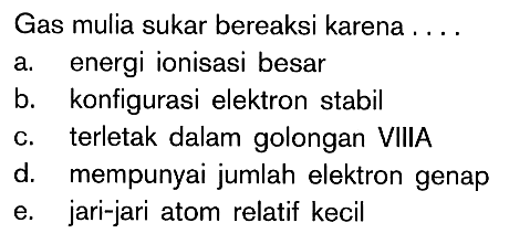 Gas mulia sukar bereaksi karena...