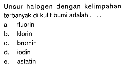 Unsur halogen dengan kelimpahan terbanyak di kulit bumi adalah ...