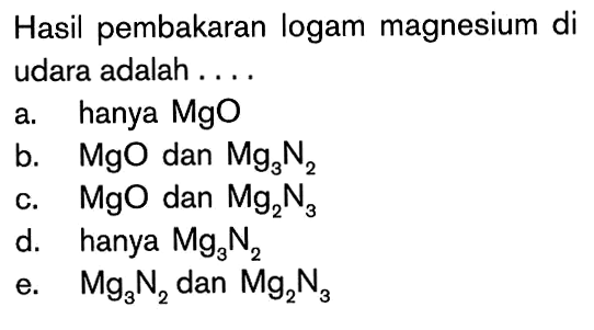 Hasil pembakaran logam magnesium di udara adalah....