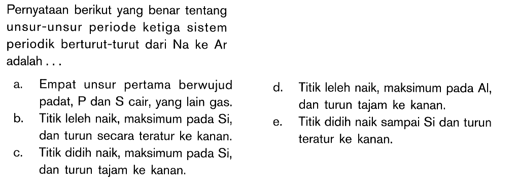 Pernyataan berikut yang benar tentang unsur-unsur periode ketiga sistem periodik berturut-turut dari Na ke Ar adalah....