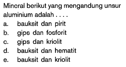 Mineral berikut yang mengandung unsur aluminium adalah . . . .