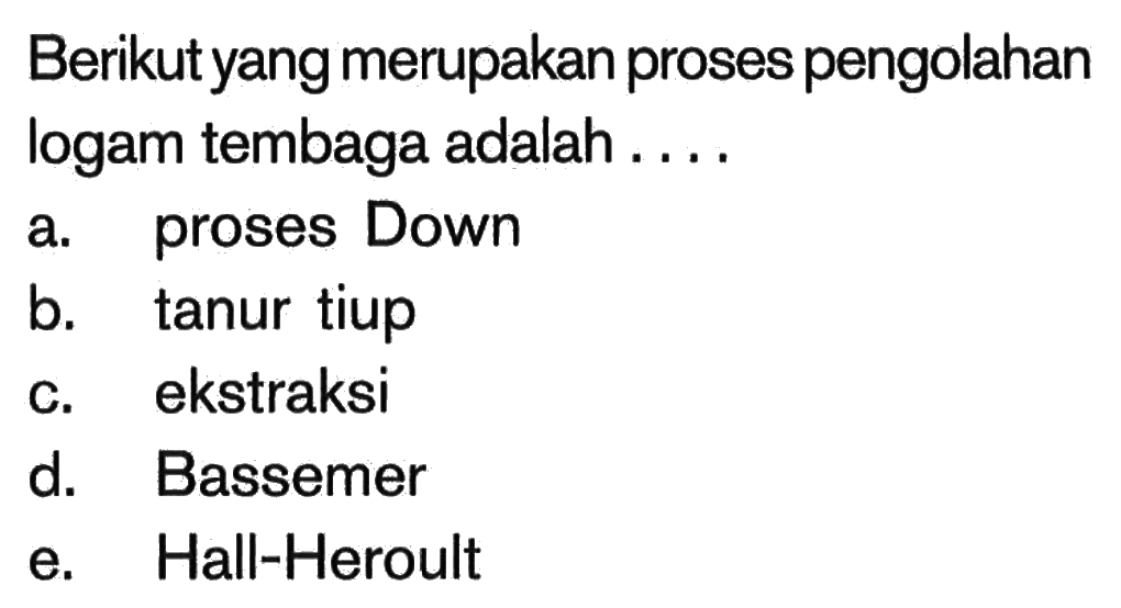 Berikut yang merupakan proses pengolahan logam tembaga adalah ...