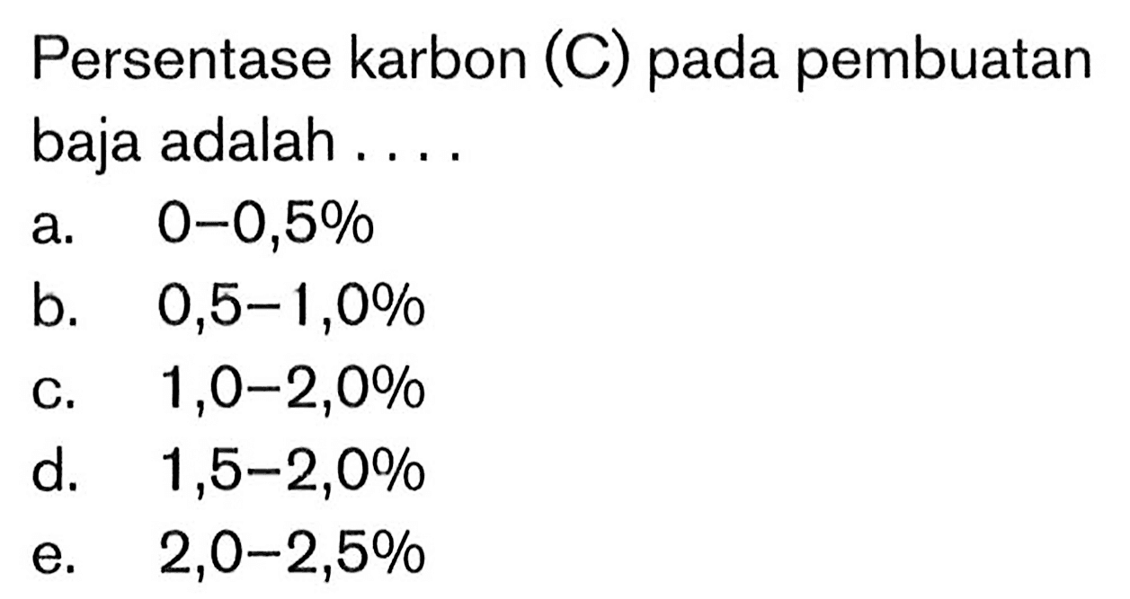 Persentase karbon (C) pada pembuatan baja adalah ....