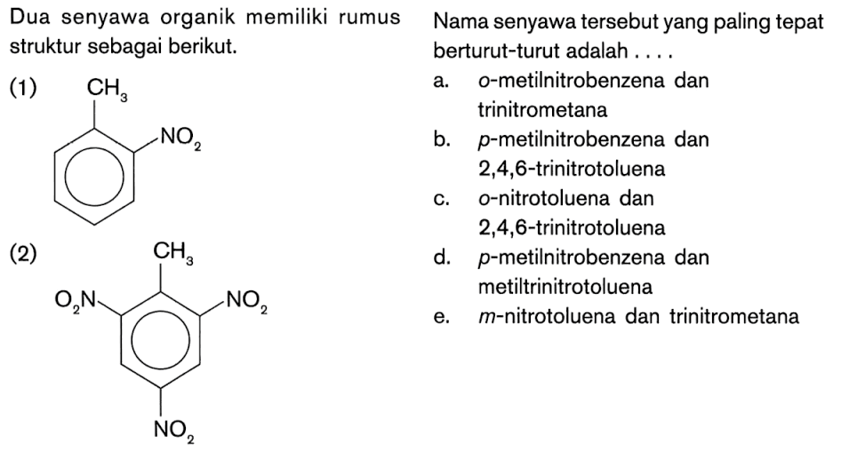 Dua senyawa organik memiliki rumus struktur sebagai berikut: (1) CH3 NO2 (2) CH3 O2N NO2 NO2 
Nama senyawa tersebut yang paling tepat berturut-turut adalah ....
a. o-metilnitrobenzena dan trinitrometana 
b. p-metilnitrobenzena dan 2,4,6-trinitrotoluena 
c. o-nitrotoluena dan 2,4,6-trinitrotoluena 
d. p-metilnitrobenzena dan metiltrinitrotoluena 
e. m-nitrotoluena dan trinitrometana 