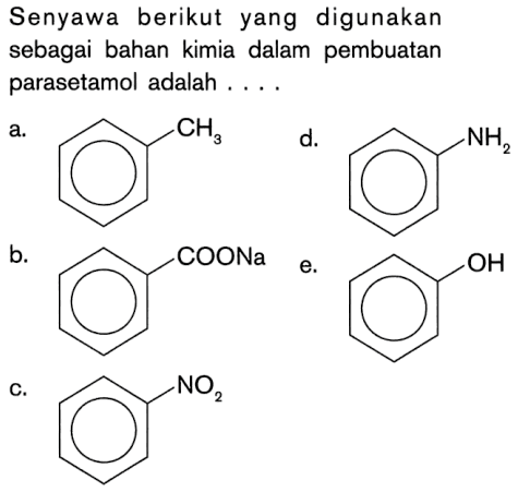 Senyawa berikut yang digunakan sebagai bahan kimia dalam pembuatan parasetamol adalah ....
a. CH3 d. NH2 b. COONa e. OH c. NO2 