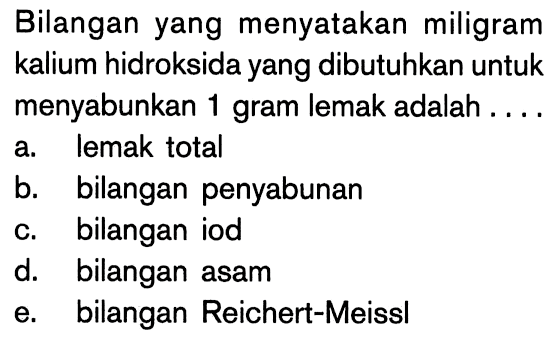 Bilangan yang menyatakan miligram kalium hidroksida yang dibutuhkan untuk menyabunkan 1 gram lemak adalah ....