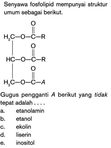 Senyawa fosfolipid mempunyai struktur umum sebagai berikut. R - C - O - CH2 - CH - CH2 - O - C - A O O - C - R O O 
Gugus pengganti A berikut yang tidak tepat adalah ....
a. etanolamin
b. etanol
c. ekolin
d. liserin
e. inositol