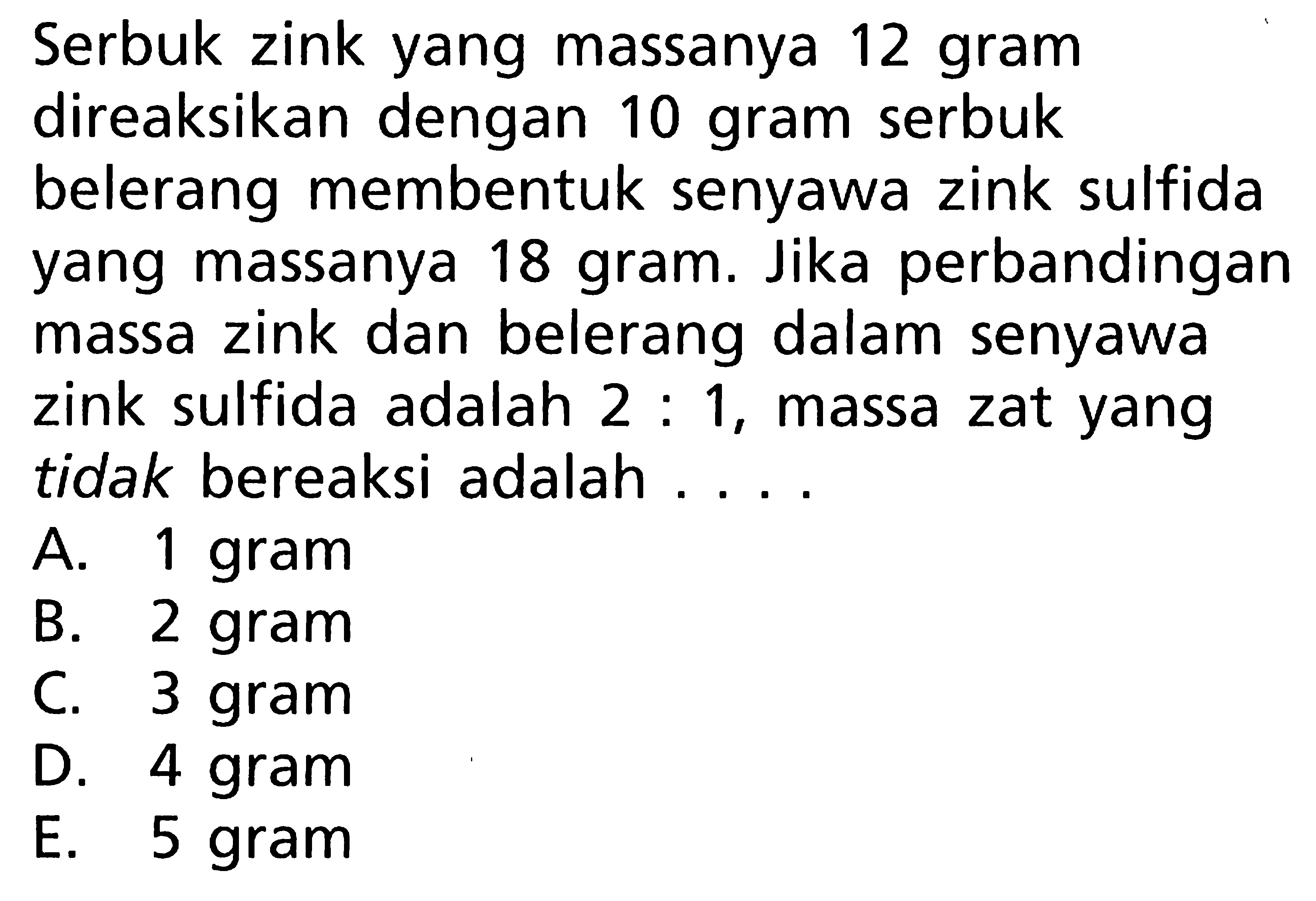 Serbuk zink yang massanya 12 gramdireaksikan dengan 10 gram serbukbelerang membentuk senyawa zink sulfidayang massanya 18 gram. Jika perbandinganmassa zink dan belerang dalam senyawazink sulfida adalah  2: 1 , massa zat yangtidak bereaksi adalah  ... . 