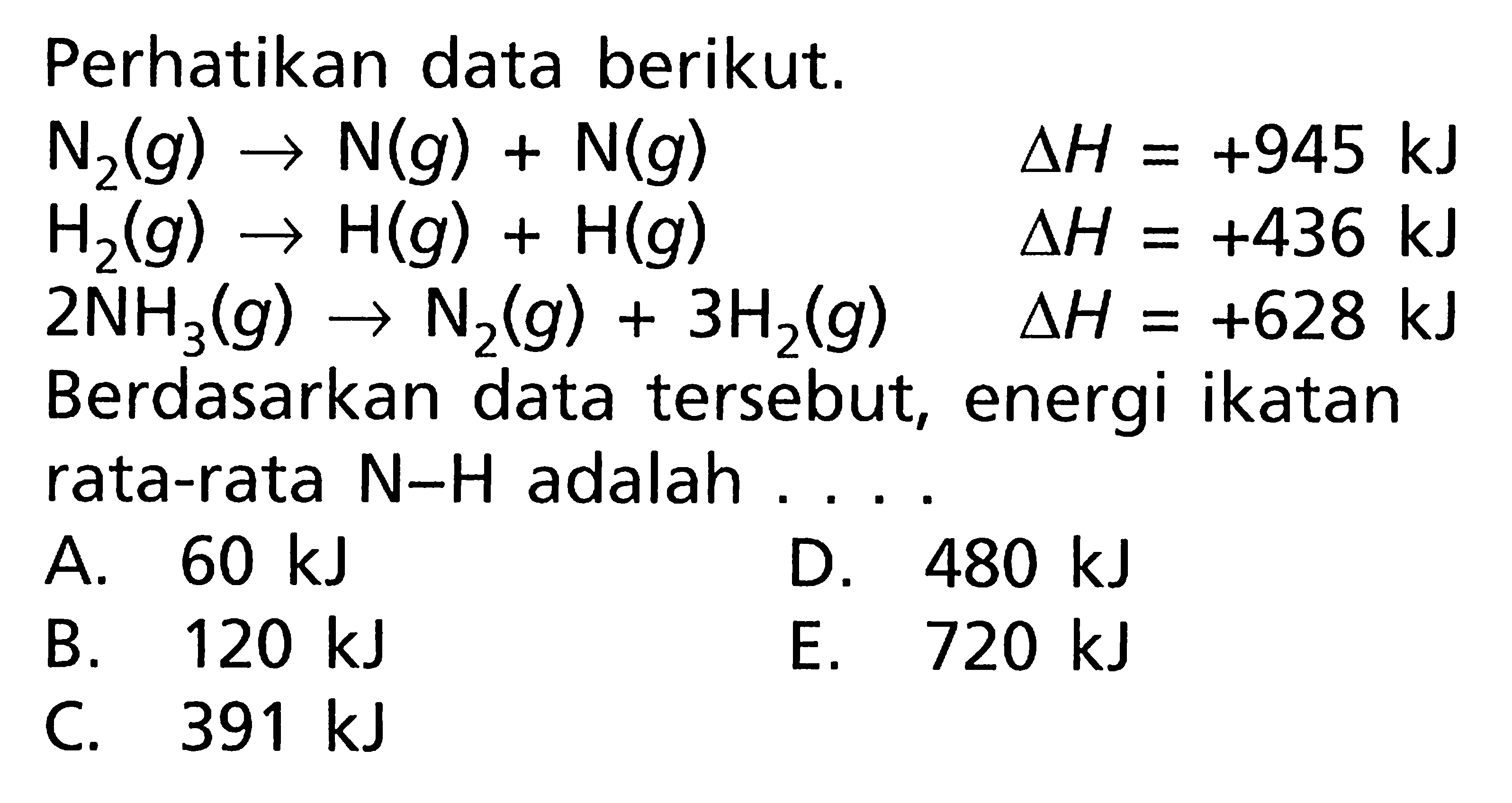 Perhatikan data berikut. N2(g) -> N(g) + N(g) delta H = +945 kJ H2(g) -> H(g) + H(g) delta H = +436 kJ 2NH3(g) -> N2(g) + 3H2(g) delta H = +628 kJ Berdasarkan data tersebut, energi ikatan rata-rata N-H adalah . . . .