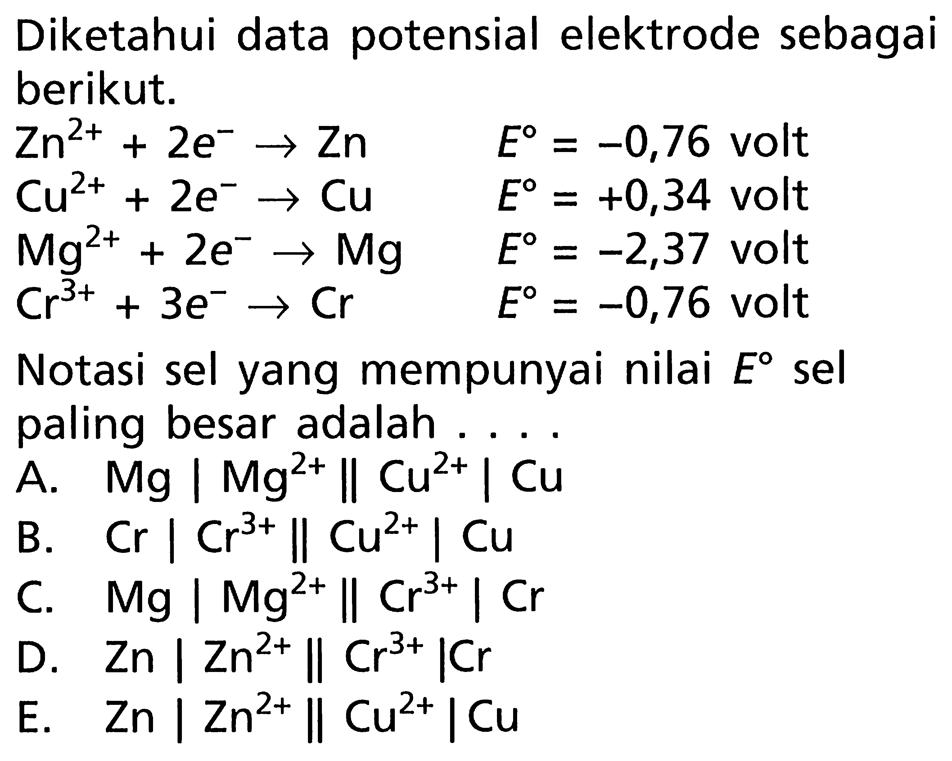 Diketahui data potensial elektrode sebagai berikut. Zn^(2+) + 2e^- -> Zn E = -0,76 volt Cu^(2+) + 2e^- -> Cu E = +0,34 volt Mg^(2+) + 2e^- -> Mg E = -2,37 volt Cr^(3+) + 3e^- -> Cr E = -0,76 volt Notasi sel yang mempunyai nilai E sel paling besar adalah ....