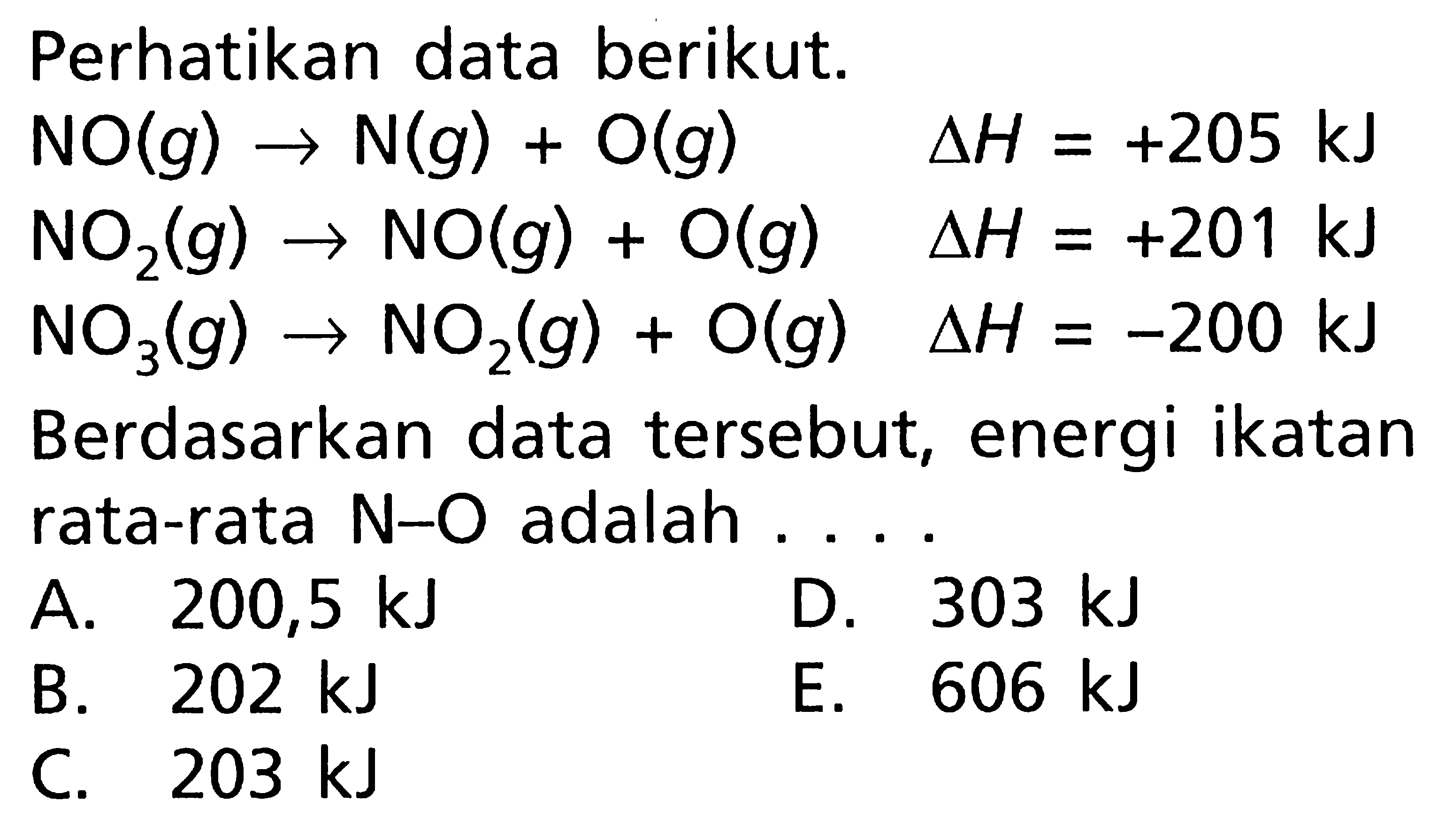 Perhatikan data berikut. NO (g) -> N (g) + O (g) delta H = +205 kJ NO2 (g) -> NO (g) + O (g) delta H = +201 kJ NO3 (g) -> NO2 (g) + O (g) delta H = -200 kJ Berdasarkan data tersebut, energi ikatan rata-rata N-O adalah ....