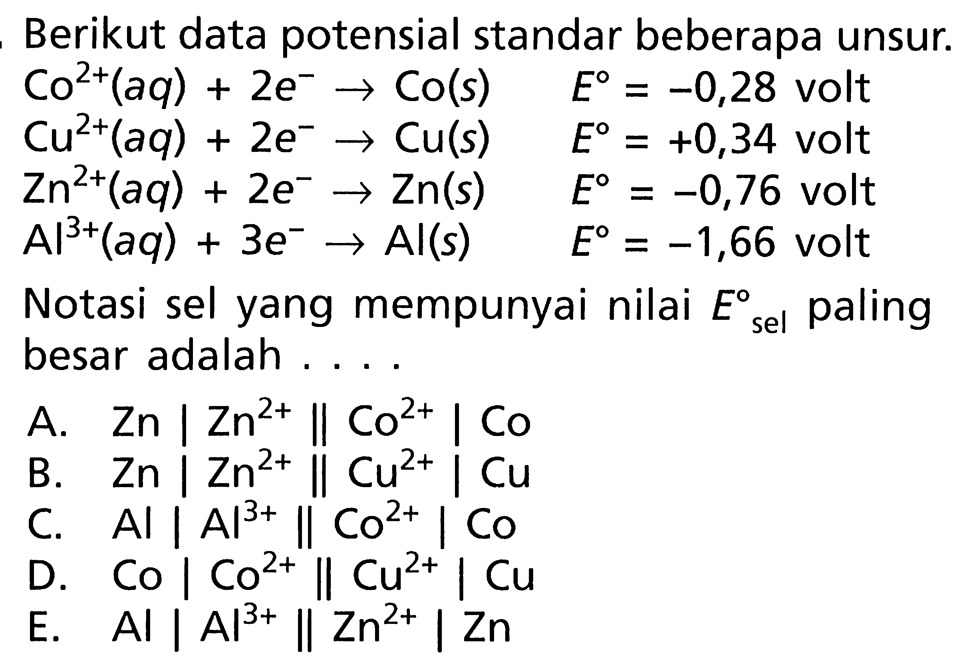 Berikut data potensial standar beberapa unsur. Co^(2+) (aq) + 2e^- -> Co (s) E^o = -0,28 volt Cu^(2+) (aq) + 2e^- -> Cu (s) E^o = +0,34 volt Zn^(2+) (aq) + 2e^- -> Zn (s) E^o = -0,76 volt Al^(3+) (aq) + 3e^- -> Al (s) E^o = -1,66 volt Notasi sel yang mempunyai nilai Esel^o paling besar adalah ...