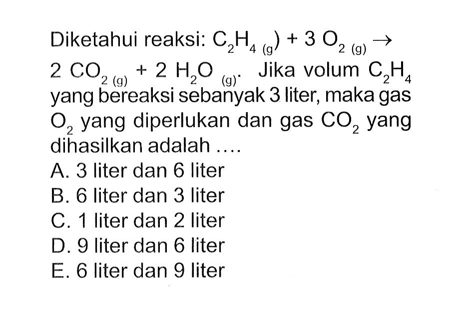 Diketahui reaksi:  C2H4(g)+3O2(g)->2CO2(g)+2H2O(g). Jika volume  C2H4  yang bereaksi sebanyak 3 liter, maka gas  O2  yang diperlukan dan gas  CO2  yang dihasilkan adalah ....