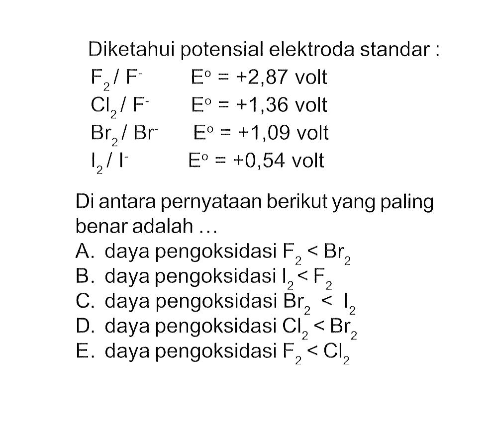 Diketahui potensial elektroda standar : F2/F^(-) E = +2,87 volt Cl2/F^(-) E = +1,36 volt Br2/ Br^(-) E = +1,09 volt I2/I^(-) E = +0,54 volt Di antara pernyataan berikut yang paling benar adalah ....