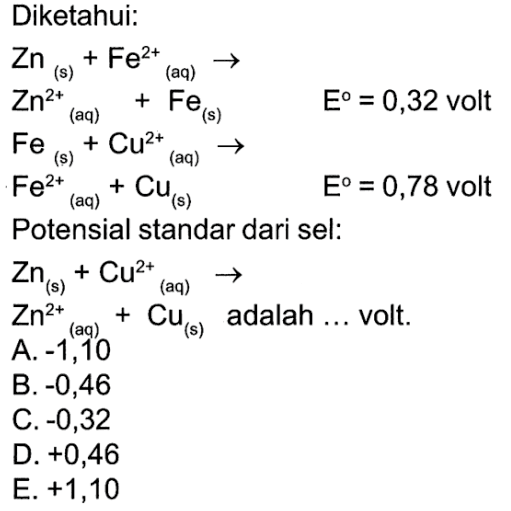 Diketahui: Zn (s) + Fe^(2+) (aq) -> Zn^(2+) (aq) + Fe (s) E = 0,32 volt Fe (s) + Cu^(2+) (aq) -> Fe^(2+) (aq) + Cu (s) E = 0,78 volt Potensial standar dari sel: Zn (s) + Cu^(2+) (aq) -> Zn^(2+) (aq) + Cu (s) adalah ... volt.