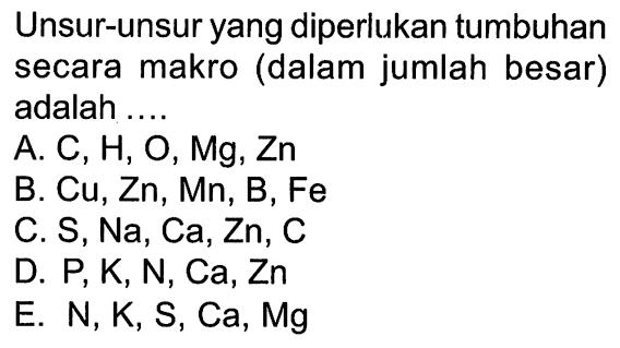 Unsur-unsur yang diperlukan tumbuhan secara makro (dalam jumlah besar) adalah ....