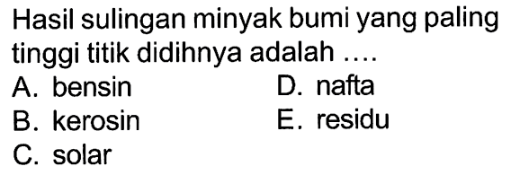 Hasil sulingan minyak bumi yang paling tinggi titik didihnya adalah ....