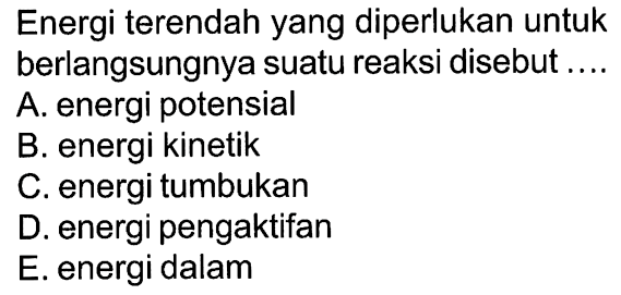 Energi terendah yang diperlukan untuk berlangsungnya suatu reaksi disebut ....