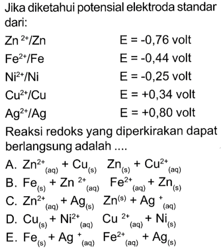 Jika diketahui potensial elektroda standar dari: Zn^(2+)/Zn E = -0,76 volt Fe^(2+)/Fe E = -0,44 volt Ni^(2+)/Ni E = -0,25 volt Cu^(2+)/Cu E = +0,34 volt Ag^(2+)/Ag E = +0,80 volt Reaksi redoks yang diperkirakan dapat berlangsung adalah ....