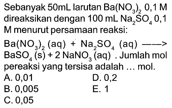 Sebanyak 50 mL larutan Ba(NO3)2, 1 M direaksikan dengan 100 mL Na2SO4 0,1 M menurut persamaan reaksi:Ba(NO3)2(aq)+Na2SO4(aq) --> BaSO4(s)+2 NaNO3(aq). Jumlah mol pereaksi yang tersisa adalah ... mol.