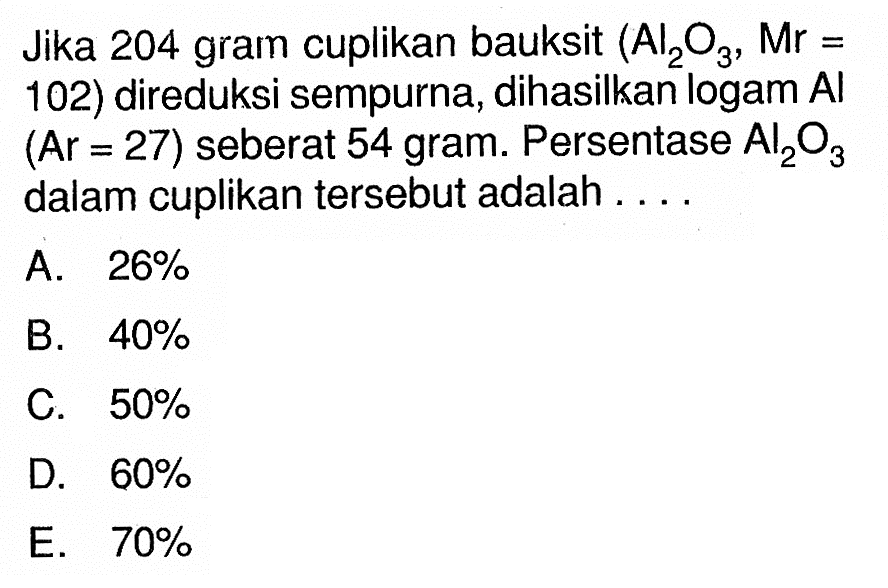 Jika 204 gram cuplikan bauksit (Al2O3, Mr=102) direduksi sempurna, dihasilkan logam AI (Ar=27) seberat 54 gram. Persentase Al2O3 dalam cuplikan tersebut adalah ....