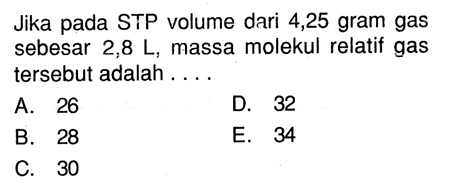 Jika pada STP volume dari 4,25 gram gas sebesar 2,8 L, massa molekul relatif gas tersebut adalah ....