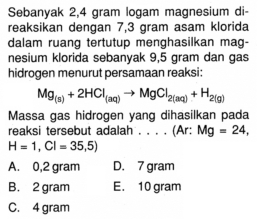 Sebanyak 2,4 gram logam magnesium direaksikan dengan 7,3 gram asam klorida dalam ruang tertutup menghasilkan magnesium klorida sebanyak 9,5 gram dan gas hidrogen menurut persamaan reaksi: Mg(s)+2HCl(aq)->MgCl2(aq)+H2(g) Massa gas hidrogen yang dihasilkan pada reaksi tersebut adalah .... (Ar: Mg=24, H=1, Cl=35,5)