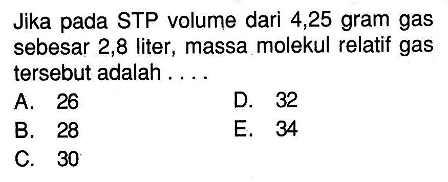 Jika pada STP volume dari 4,25 gram gas sebesar 2,8 liter, massa molekul relatif gas tersebut adalah ....