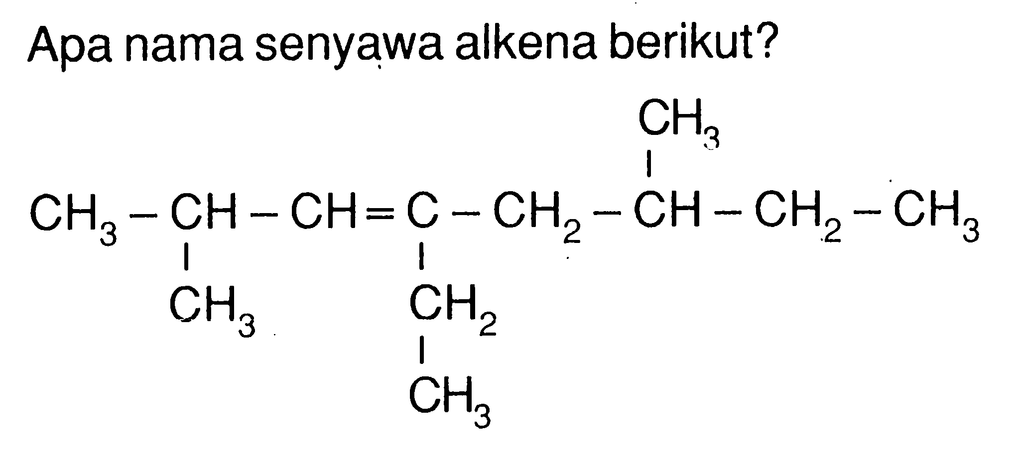 Apa nama senyawa alkena berikut? CH3 CH3 - CH - CH = C - CH2 - CH - CH2 - CH3 CH3 CH2 CH3