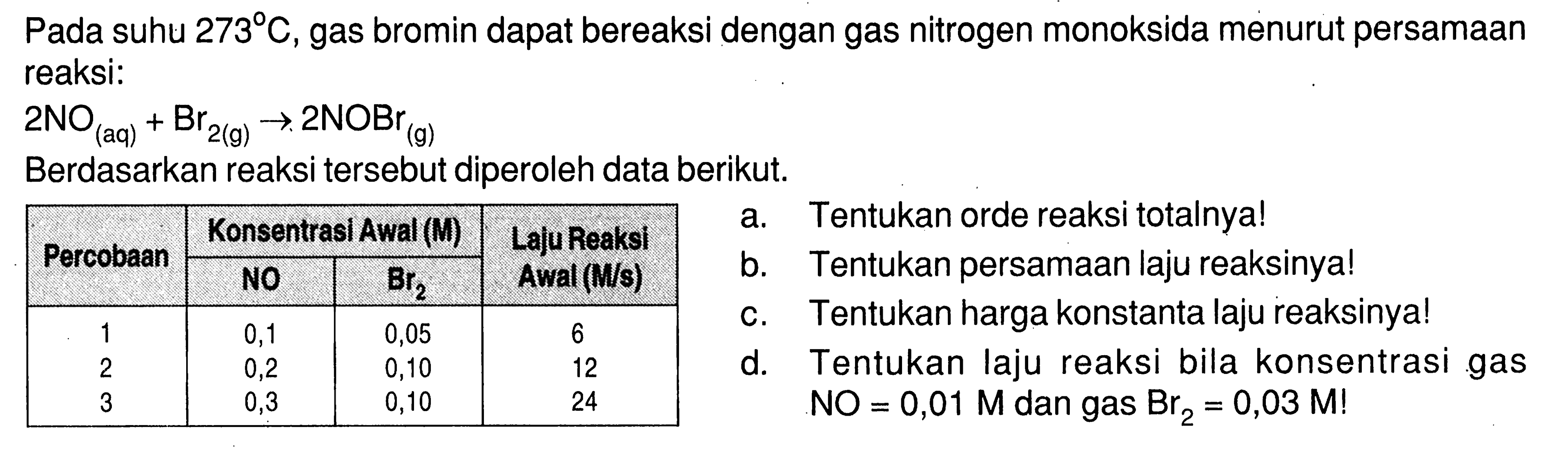 Pada suhu  273 C , gas bromin dapat bereaksi dengan gas nitrogen monoksida menurut persamaan reaksi: 2NO(aq)+Br2(g) -> 2NOBr(g) Berdasarkan reaksi tersebut diperoleh data berikut.  Percobaan    Konsentrasi Awal (M)   Laju Reaksi Awal (M/s)NO  Br2  1  0,1  0,05  6 2  0,2  0,10  12 3  0,3  0,10  24 a. Tentukan orde reaksi totalnya!b. Tentukan persamaan laju reaksinya!c. Tentukan harga konstanta laju reaksinya!d. Tentukan laju reaksi bila konsentrasi gas NO=0,01 M  dan gas  Br2=0,03 M ! 