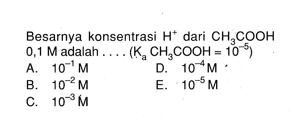 Besarnya konsentrasi H^+ dari CH3COOH 0,1 M adalah...(KaCH3COOH=10^(-5)) 