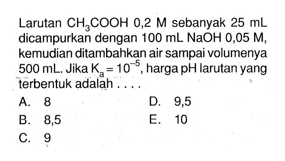 Larutan CH3COOH 0,2 M sebanyak 25 mL dicampurkan dengan 100 mL NaOH, 0,05 M, kemudian ditambahkan air sampai volumenya 500 mL. Jika Ka=10^-5, harga pH larutan yang terbentuk adalah....