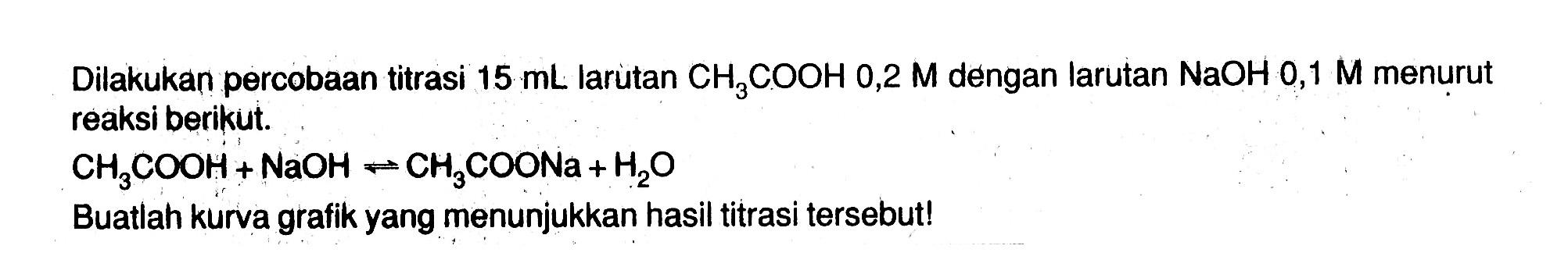 Dilakukan percobaan titrasi 15 mL larutan CH3COOH 0,2 M dengan larutan NaOH 0,1 M menurut reaksi berikut. CH3COOH + NaOH <=> CH3COONa + H2O Buatlah kurva grafik yang menunjukkan hasil titrasi tersebut!