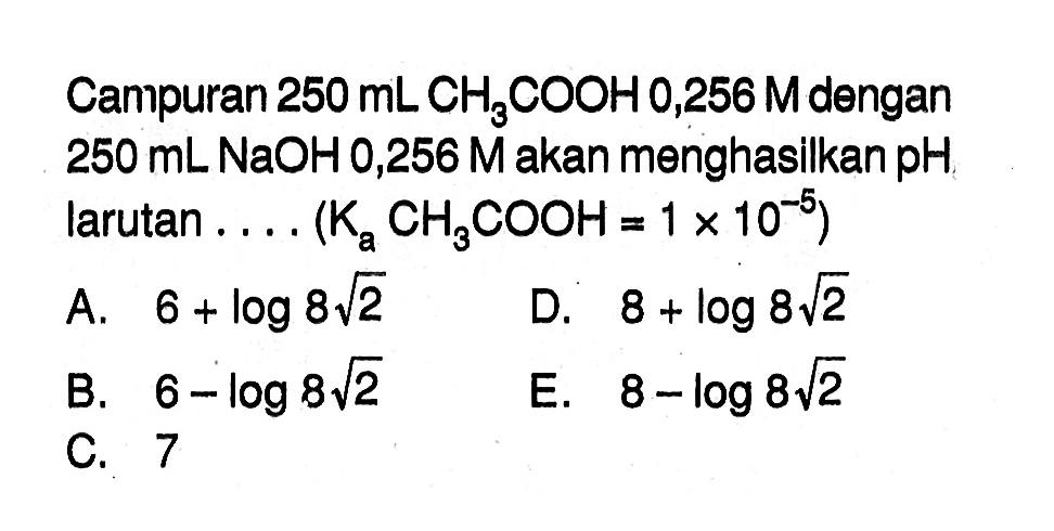Campuran 250 mL CH3COOH, 256 M dengan 250 mL NaOH 0,256 M akan menghasilkan pH larutan .... ( Ka CH3COOH=1x10^(-5)) 