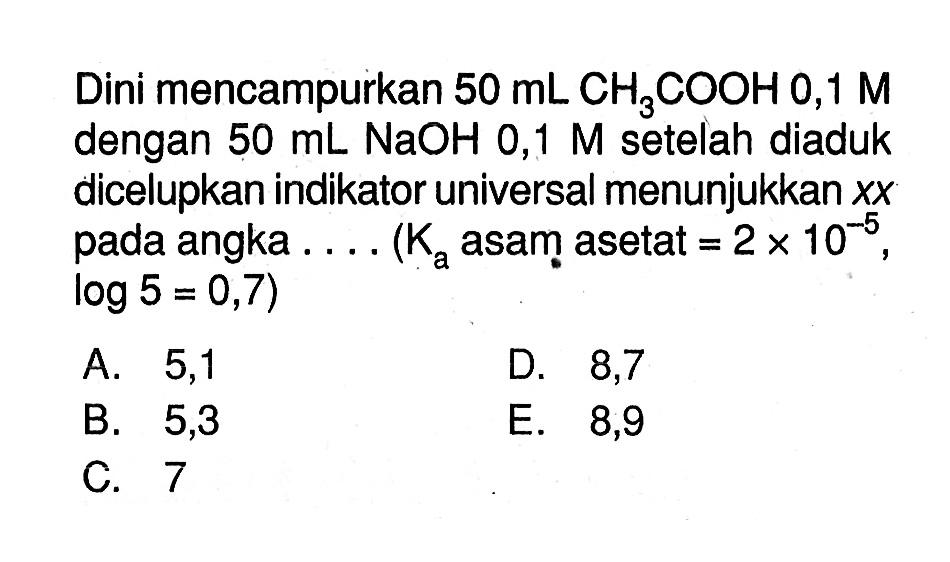 Dini mencampurkan 50 mL CH3COOH 0,1 M dengan 50 mL. NaOH 0,1 M setelah diaduk dicelupkan indikator universal menunjukkan xx pada angka .... (Ka asam asetat =2 x 10^-5, log 5=0,7)