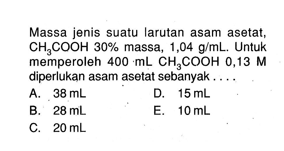 Massa jenis suatu larutan asam asetat, CH3COOH 30% massa, 1,04 g/mL. Untuk memperoleh 400 mL CH3COOH 0,13 M diperlukan asam asetat sebanyak...
