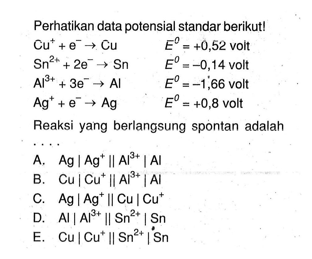 Perhatikan data potensial standar berikut! Cu^+ + e^- -> Cu E^0 = +0,52 volt Sn^(2+) + 2e^- -> Sn E^0 = -0,14 volt Al^(3+) + 3e^- -> Al E^0 = -1,66 volt Ag^+ + e^- -> Ag E^0 = +0,8 volt Reaksi yang berlangsung spontan adalah ...