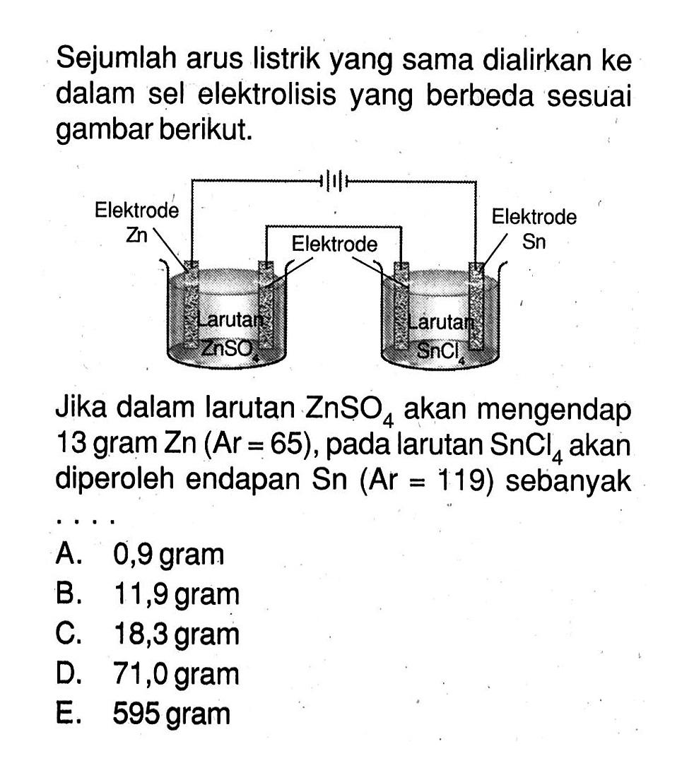 Sejumlah arus listrik yang sama dialirkan ke dalam sel elektrolisis yang berbeda sesuai gambar berikut. Elektrode Zn Larutan ZnSO4 Elektrode Larutan SnCl4 Elektrode Sn Jika dalam larutan ZnSO4 akan mengendap 13 gram Zn(Ar=65), pada larutan SnCl4 akan diperoleh endapan Sn(Ar=119) sebanyak .... 