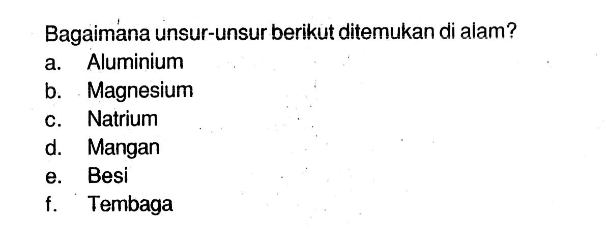 Bagaimana unsur-unsur berikut ditemukan di alam?
a. Aluminium
b. Magnesium
c. Natrium
d. Mangan
e. Besi
f. Tembaga