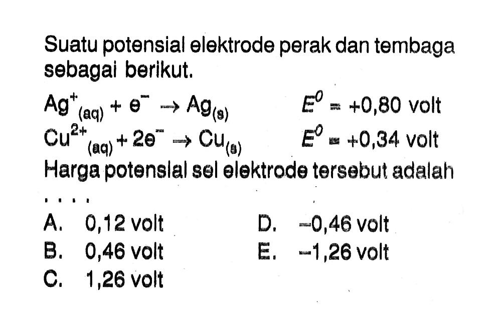 Suatu potensial elektrode perak dan tembaga sebagai berikut. Ag^+ (aq)+theta^- ->Ag(s) E^0=+0,80 volt  Cu^2(aq)+2 theta^-.s-> Cu(s) E^0=+0,34 volt Harga potenslal sel elektrode tersebut adalah...