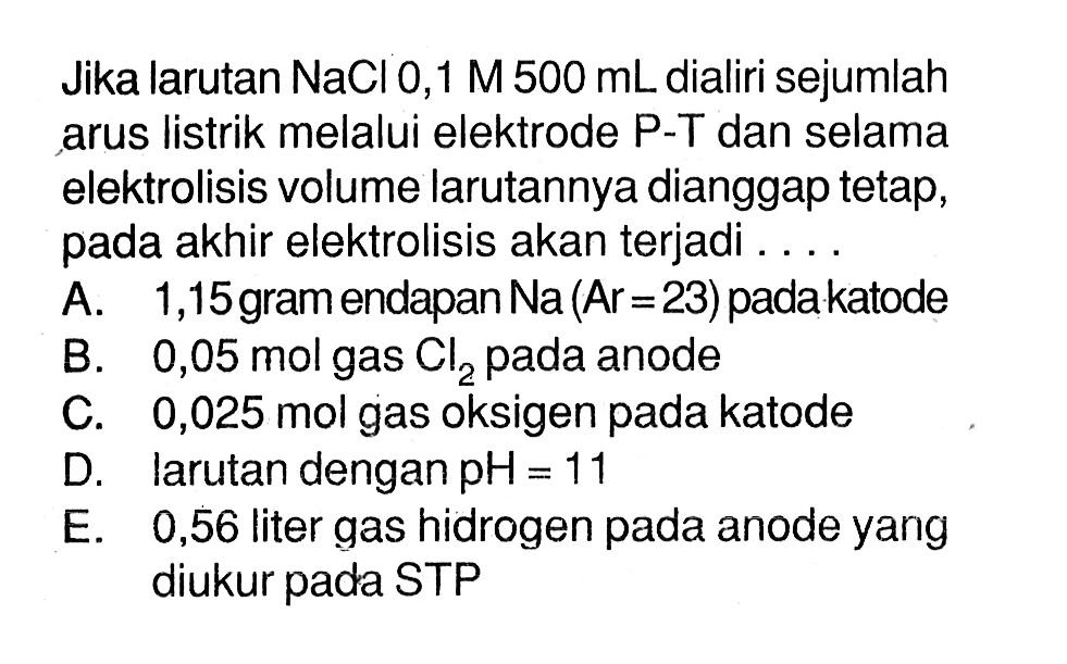 Jika larutan NaCl 0,1 M 500 mL dialiri sejumlah arus listrik melalui elektrode P-T dan selama elektrolisis volume larutannya dianggap tetap, pada akhir elektrolisis akan terjadi . ...