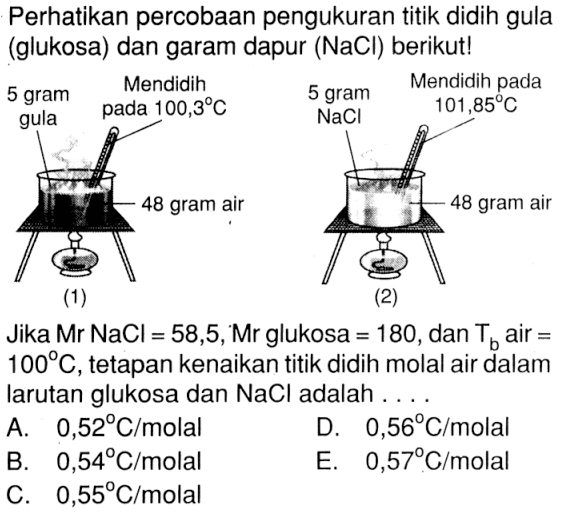 Perhatikan percobaan pengukuran titik didih gula (glukosa) dan garam dapur (NaCI) berikut! 5 gram gula Mendidik pada 100,3 C 48 gram air (1) 5 gram NaCl Mendidih pada 101,85 C 48 gram air (2) Jika Mr NaCl = 58,5, Mr glukosa = 180, dan Tb air = 100 C, tetapan kenaikan titik didih molal air dalam larutan glukosa dan NaCl adalah . . . .