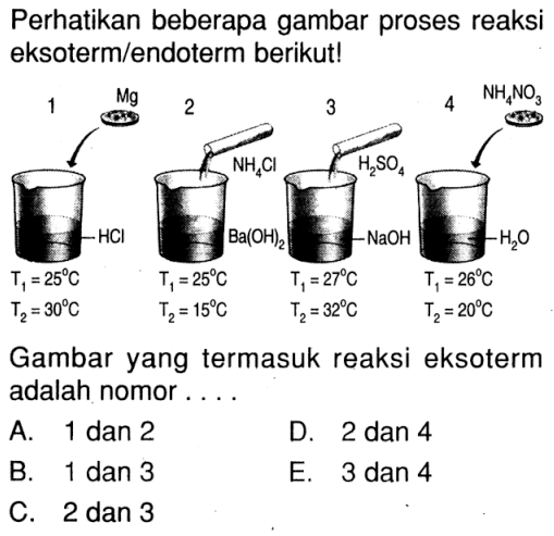 Perhatikan beberapa gambar proses reaksi eksoterm/endoterm berikut!Gambar yang termasuk reaksi eksoterm adalah nomor....