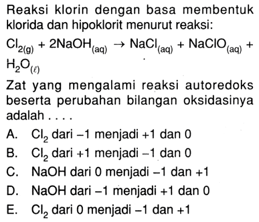 Reaksi klorin dengan basa membentuk klorida dan hipoklorit menurut reaksi:Cl2(g)+2 NaOH(aq) -> NaCl(aq)+NaClO(aq)+ H2 O(l)Zat yang mengalami reaksi autoredoks beserta perubahan bilangan oksidasinya adalah ....A.  Cl2  dari  -1  menjadi  +1  dan 0B.  Cl2  dari  +1  menjadi  -1  dan 0C.  NaOH  dari 0 menjadi  -1  dan  +1 D.  NaOH  dari  -1  menjadi  +1  dan 0E.  Cl2  dari 0 menjadi  -1  dan  +1 