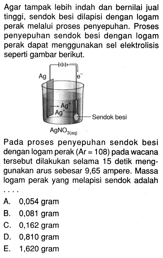 Agar tampak lebih indah dan bernilai jual tinggi, sendok besi dilapisi dengan logam perak melalui proses penyepuhan. Proses penyepuhan sendok besi dengan logam perak dapat menggunakan sel elektrolisis seperti gambar berikut. Pada proses penyepuhan sendok besi dengan logam perak (Ar = 108) pada wacana tersebut dilakukan selama 15 detik meng- gunakan arus sebesar 9,65 ampere. Massa logam perak yang melapisi sendok adalah . . . .