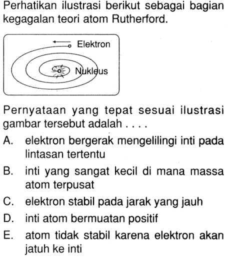 Perhatikan ilustrasi berikut sebagai bagian kegagalan teori atom Rutherford. Elektron Nukleus Pernyataan yang tepat sesuai ilustrasi gambar tersebut adalah . . . .