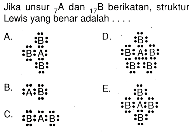 Jika unsur 7A dan 17B berikatan, struktur Lewis yang benar adalah ....